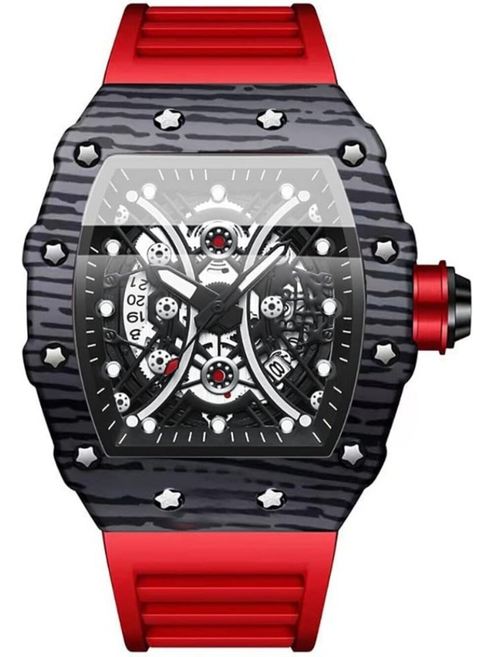 Men's Red Black Analog Quartz Silicone Strap Barrel-Shaped Skeleton Luxury Watch